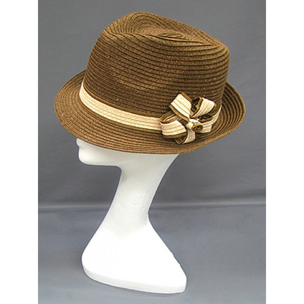 Fedora Straw Hat w/ Flower Corsage - Brown -HT-1186BR